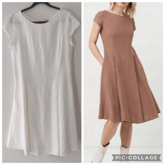 Baltic Linen Dresses & Skirts - Baltic Linen Store (EU 42) Short Sleeve Pleated White Linen Juste Midi Dress